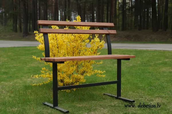 9. Koka soliņš ar dzelzs kājām un atzveltni, koks apstrādāts ar īpašu laku noturībai pret 